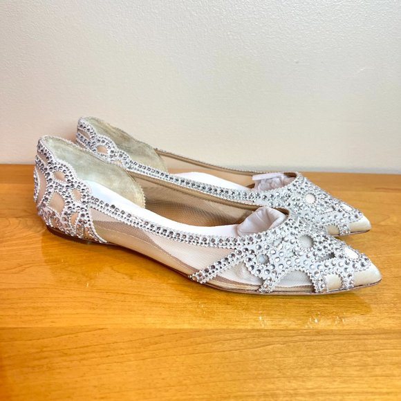 Badgley Mischka BHLDN Size 7.5 Gigi Pointed Toe Jeweled Ivory Ballet Flats Shoes - Picture 3 of 15